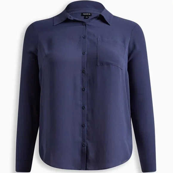 Torrid - Lizzie Georgette Button-Up Long Sleeve Shirt in Crown Blue Roebuck Blue - Picture 13 of 13